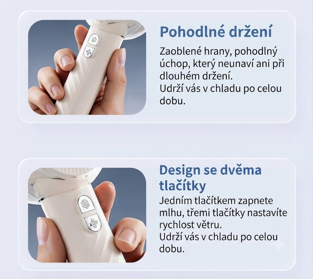 ❄️ Přenosný chladicí ventilátor se sprejem – Okamžitá úleva od horka kdykoliv během dne