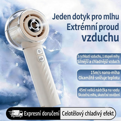 ❄️ Přenosný chladicí ventilátor se sprejem – Okamžitá úleva od horka kdykoliv během dne