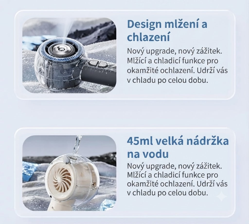 ❄️ Přenosný chladicí ventilátor se sprejem – Okamžitá úleva od horka kdykoliv během dne